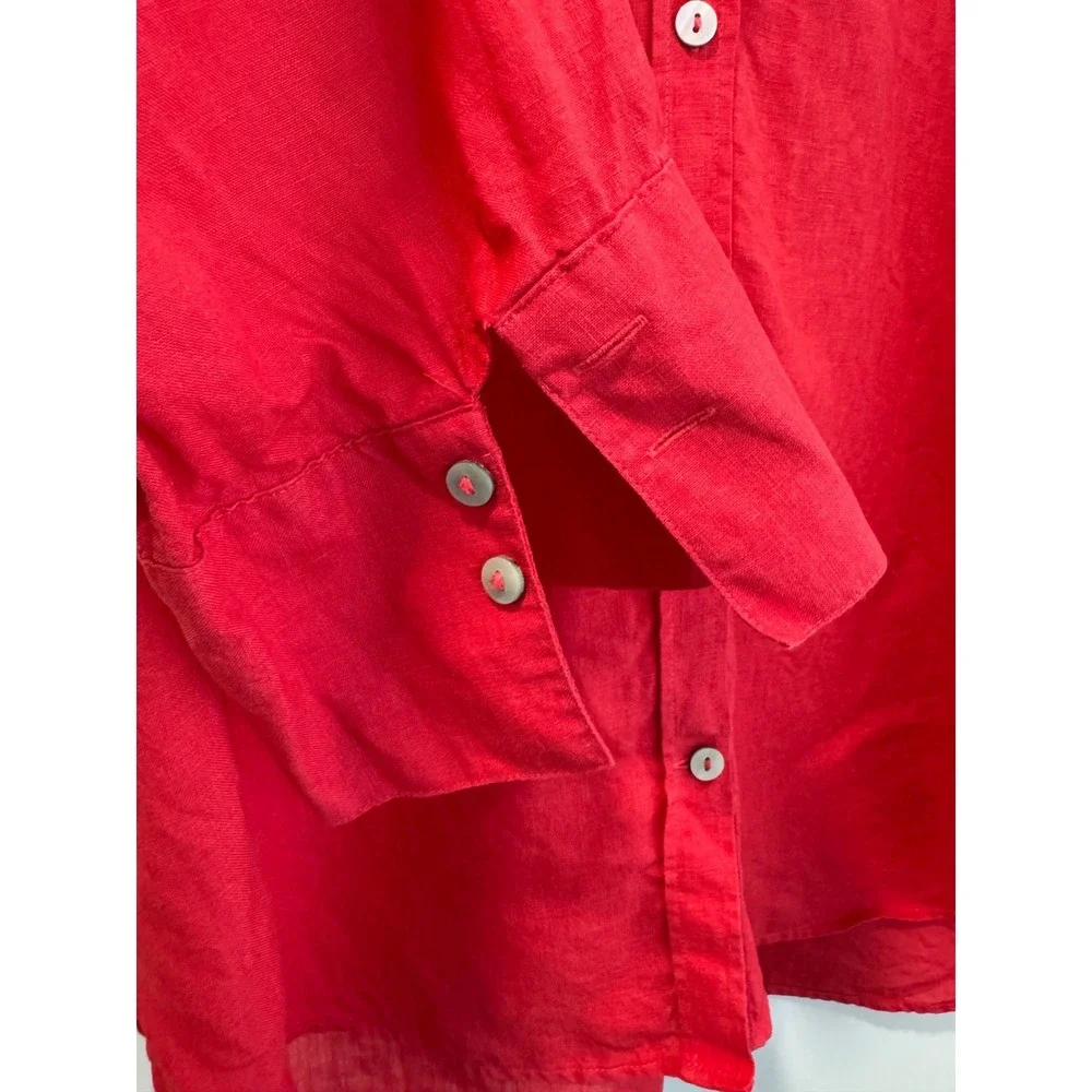 Chicos Red 100% Linen Button‎ Down Shirt 3/4 Sleeve Size 2 US 12 Top